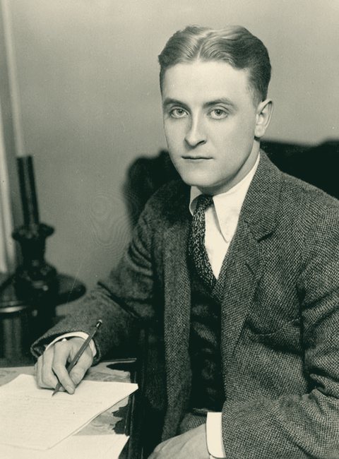 F. Scott Fitzgerald, publicity photograph from 1921, rendered in ivory on bottle green